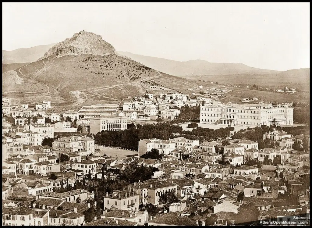 Άποψη των Αθηνών και ο λόφος του Λυκαβηττού γύρω στα 1860.