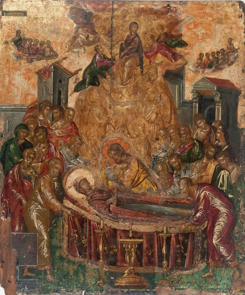 Η Κοίμηση της Θεοτόκου των Ψαριανών, περ. 1567, τέμπερα σε ξύλο, 61,4x45 εκ., Ερμούπολη, Εκκλησία της Κοίμησης της Παναγίας.